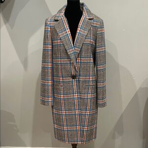 Plaid Long Coat with Blue and Orange Accents like new